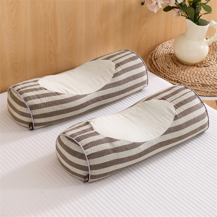 91家纺网 家纺一手货源 找家纺 织布人 2025新款荞麦枕棉麻韩式无印风元宝枕头全荞麦颈椎高枕硬枕芯 韩式无印风元宝枕-咖白条纹 48x20x8cm/只