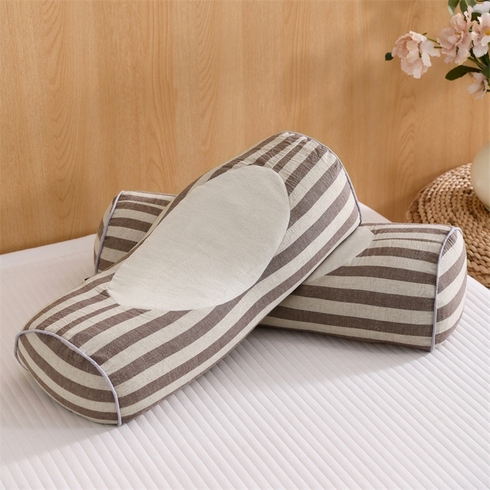 91家纺网 家纺一手货源 找家纺 织布人 2025新款荞麦枕棉麻韩式无印风元宝枕头全荞麦颈椎高枕硬枕芯 韩式无印风元宝枕-咖白条纹 48x20x8cm/只