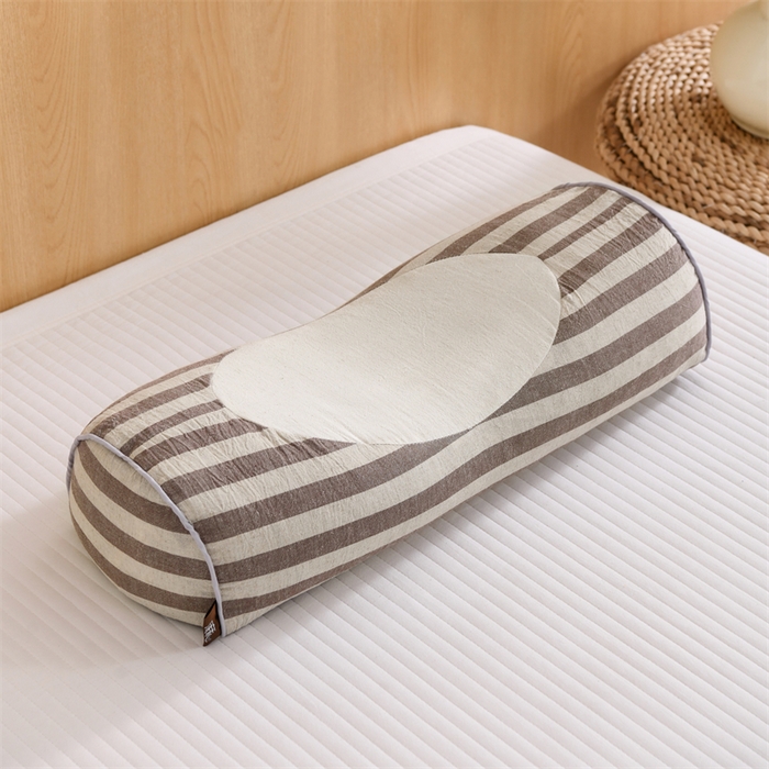 91家纺网 家纺一手货源 找家纺 织布人 2025新款荞麦枕棉麻韩式无印风元宝枕头全荞麦颈椎高枕硬枕芯 韩式无印风元宝枕-咖白条纹 48x20x8cm/只