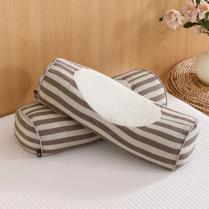 91家纺网 家纺一手货源 找家纺 织布人 2025新款荞麦枕棉麻韩式无印风元宝枕头全荞麦颈椎高枕硬枕芯 韩式无印风元宝枕-咖白条纹 48x20x8cm/只