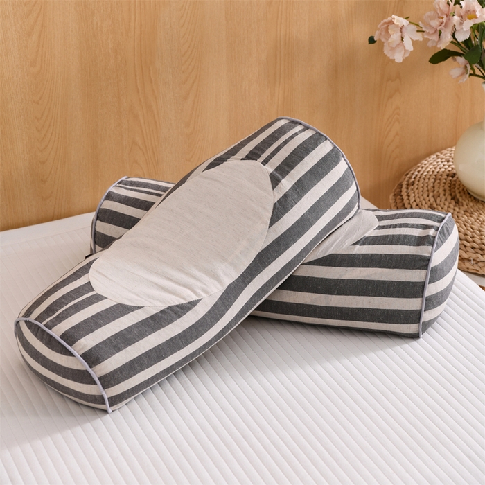 91家纺网 家纺一手货源 找家纺 织布人 2025新款荞麦枕棉麻韩式无印风元宝枕头全荞麦颈椎高枕硬枕芯 韩式无印风元宝枕-黑白条纹 48x20x8cm/只