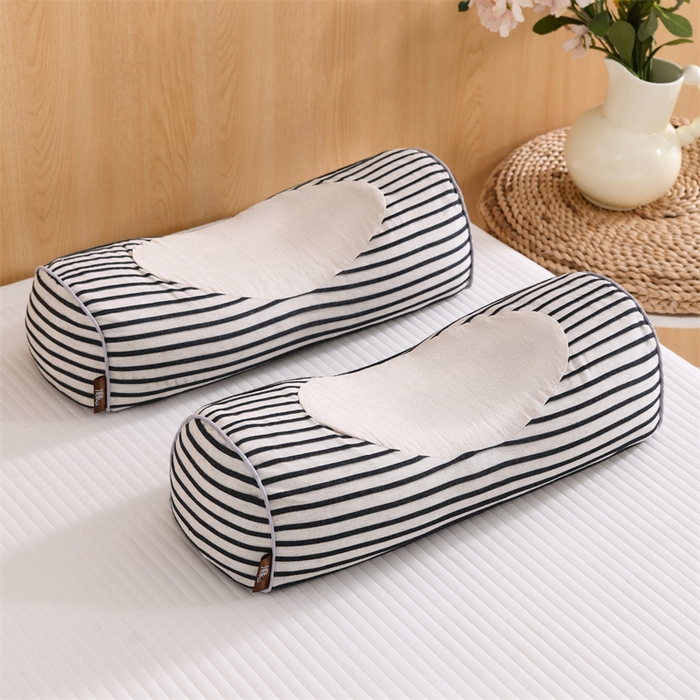 织布人 2025新款荞麦枕棉麻韩式无印风元宝枕头全荞麦颈椎高枕硬枕芯 韩式无印风元宝枕-细黑条纹 48x20x8cm/只