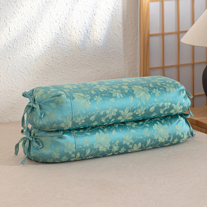 织布人 2025新款荞麦枕贡缎提花可调节高度糖果枕头颈椎专用枕腰靠枕芯 贡缎提花可调节糖果枕-水蓝色 56x28cm/只