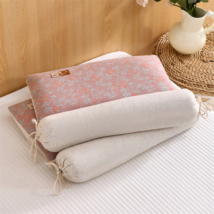 91家纺网 家纺一手货源 找家纺 织布人 2025新款荞麦枕棉麻复古风水墨画圆柱组合枕颈椎拉伸可调节硬枕芯 棉麻水墨画圆柱组合枕-花韵粉 组合枕-圆柱：48x10cm/只 方枕：48x28cm/只