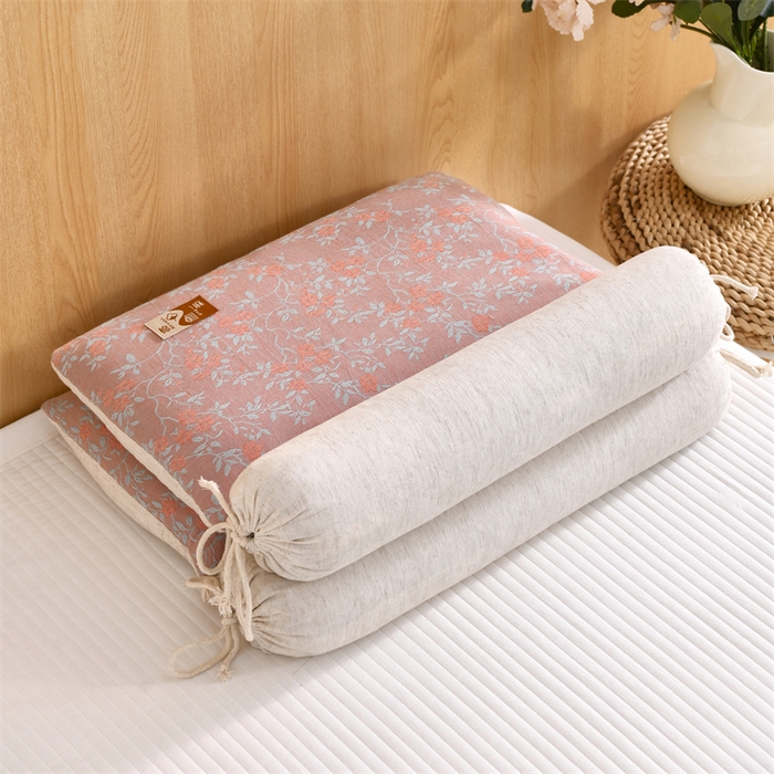 织布人 2025新款荞麦枕棉麻复古风水墨画圆柱组合枕颈椎拉伸可调节硬枕芯 棉麻水墨画圆柱组合枕-花韵粉 组合枕-圆柱：48x10cm/只 方枕：48x28cm/只