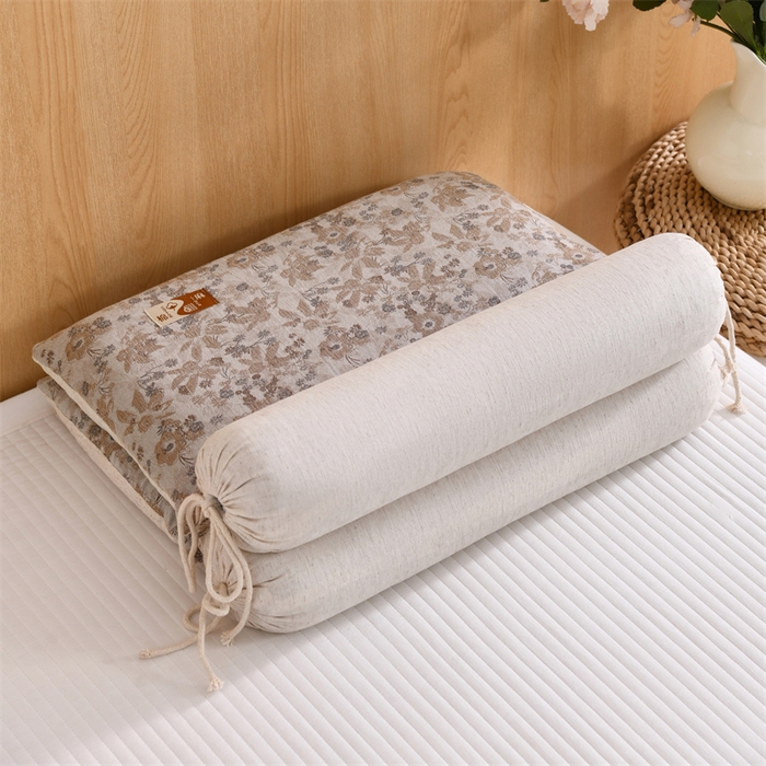 织布人 2025新款荞麦枕棉麻复古风水墨画圆柱组合枕颈椎拉伸可调节硬枕芯 棉麻水墨画圆柱组合枕-竹语风吟咖 组合枕-圆柱：48x10cm/只 方枕：48x28cm/只