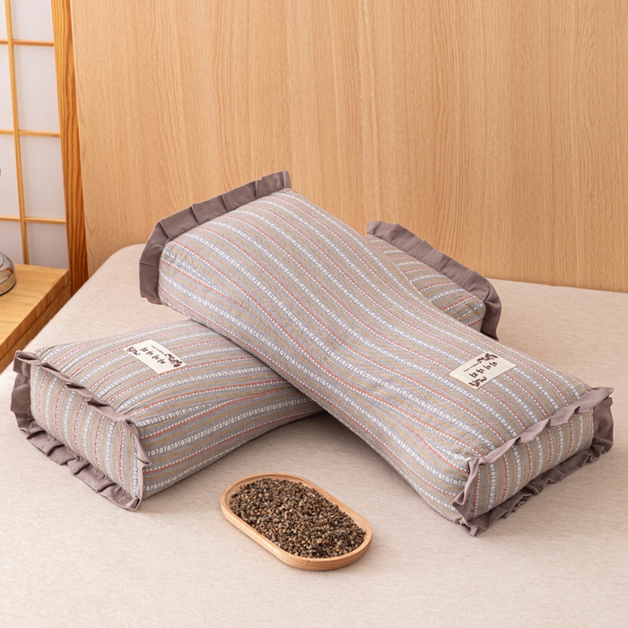 91家纺网 家纺一手货源 找家纺 织布人 2025新款荞麦枕全棉条纹花边护颈全荞麦壳枕头成人家用助眠硬枕芯 全棉条纹花边护颈枕-咖色 50x20cm/只