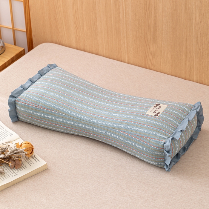 91家纺网 家纺一手货源 找家纺 织布人 2025新款荞麦枕全棉条纹花边护颈全荞麦壳枕头成人家用助眠硬枕芯 全棉条纹花边护颈枕-蓝灰 50x20cm/只