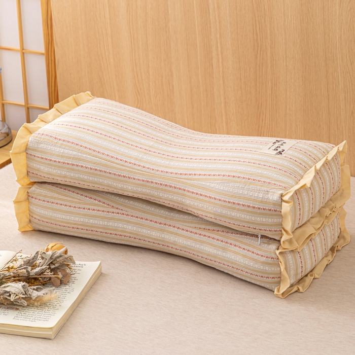 91家纺网 家纺一手货源 找家纺 织布人 2025新款荞麦枕全棉条纹花边护颈全荞麦壳枕头成人家用助眠硬枕芯 全棉条纹花边护颈枕-浅黄 50x20cm/只