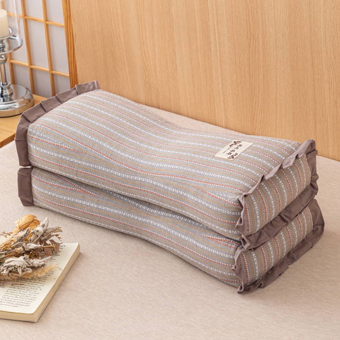 91家纺网 家纺一手货源 找家纺 织布人 2025新款荞麦枕全棉条纹花边护颈全荞麦壳枕头成人家用助眠硬枕芯 全棉条纹花边护颈枕-咖色 50x20cm/只