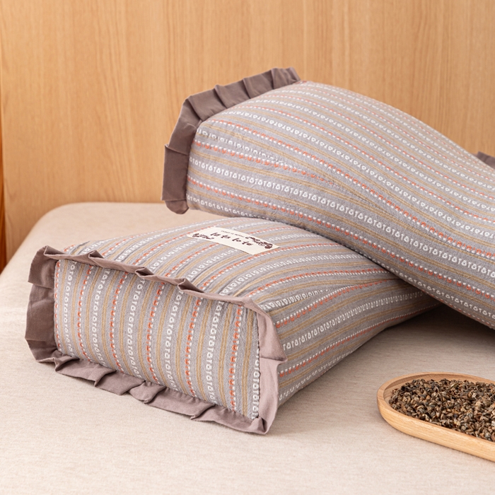 91家纺网 家纺一手货源 找家纺 织布人 2025新款荞麦枕全棉条纹花边护颈全荞麦壳枕头成人家用助眠硬枕芯 全棉条纹花边护颈枕-咖色 50x20cm/只