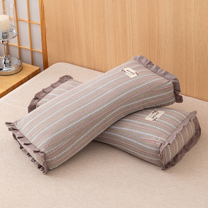 91家纺网 家纺一手货源 找家纺 织布人 2025新款荞麦枕全棉条纹花边护颈全荞麦壳枕头成人家用助眠硬枕芯 全棉条纹花边护颈枕-咖色 50x20cm/只