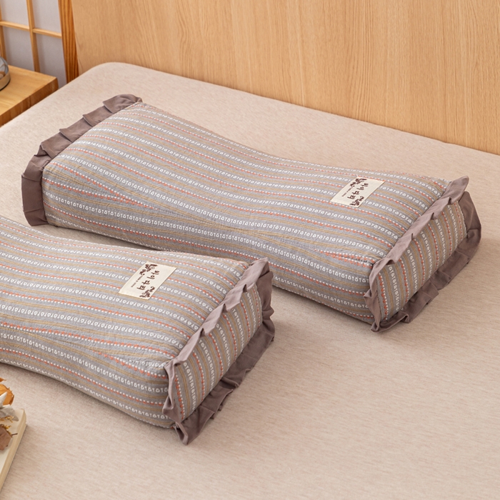 91家纺网 家纺一手货源 找家纺 织布人 2025新款荞麦枕全棉条纹花边护颈全荞麦壳枕头成人家用助眠硬枕芯 全棉条纹花边护颈枕-咖色 50x20cm/只