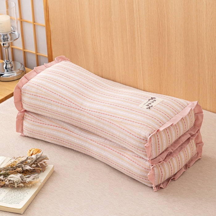 91家纺网 家纺一手货源 找家纺 织布人 2025新款荞麦枕全棉条纹花边护颈全荞麦壳枕头成人家用助眠硬枕芯 全棉条纹花边护颈枕-粉色 50x20cm/只