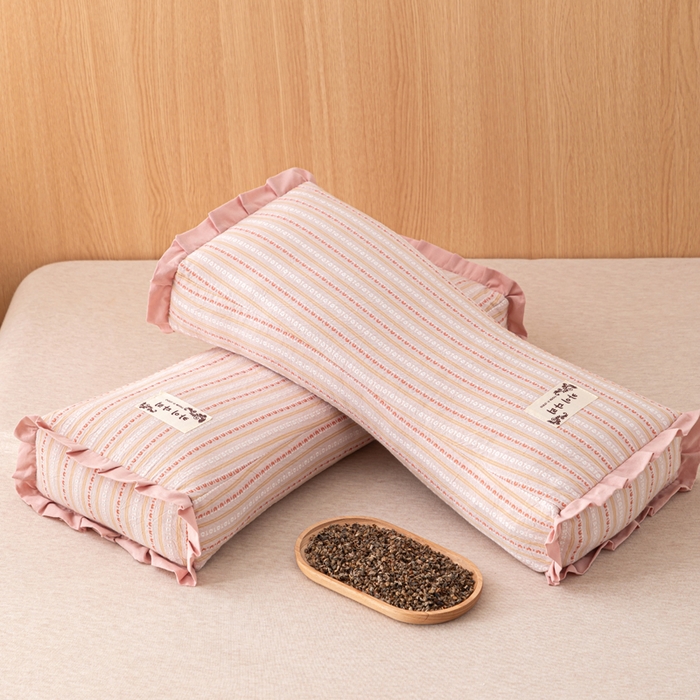 91家纺网 家纺一手货源 找家纺 织布人 2025新款荞麦枕全棉条纹花边护颈全荞麦壳枕头成人家用助眠硬枕芯 全棉条纹花边护颈枕-粉色 50x20cm/只