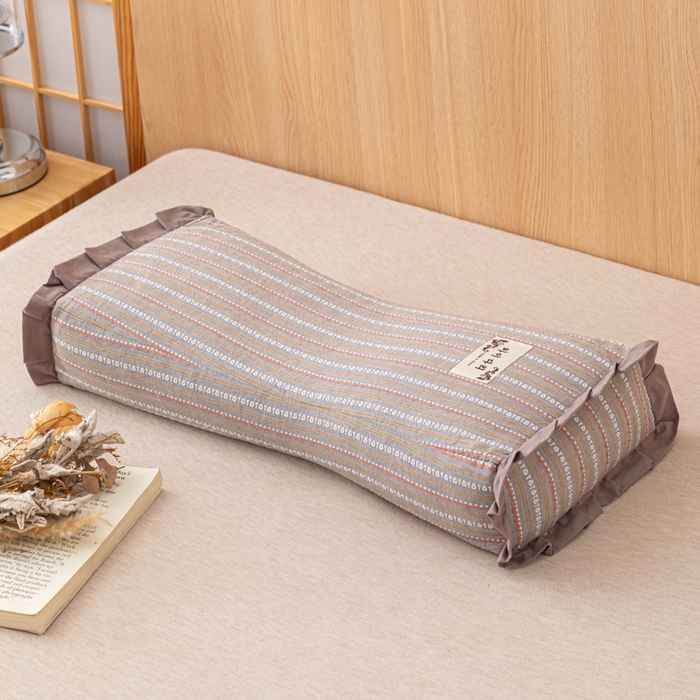 91家纺网 家纺一手货源 找家纺 织布人 2025新款荞麦枕全棉条纹花边护颈全荞麦壳枕头成人家用助眠硬枕芯 全棉条纹花边护颈枕-咖色 50x20cm/只