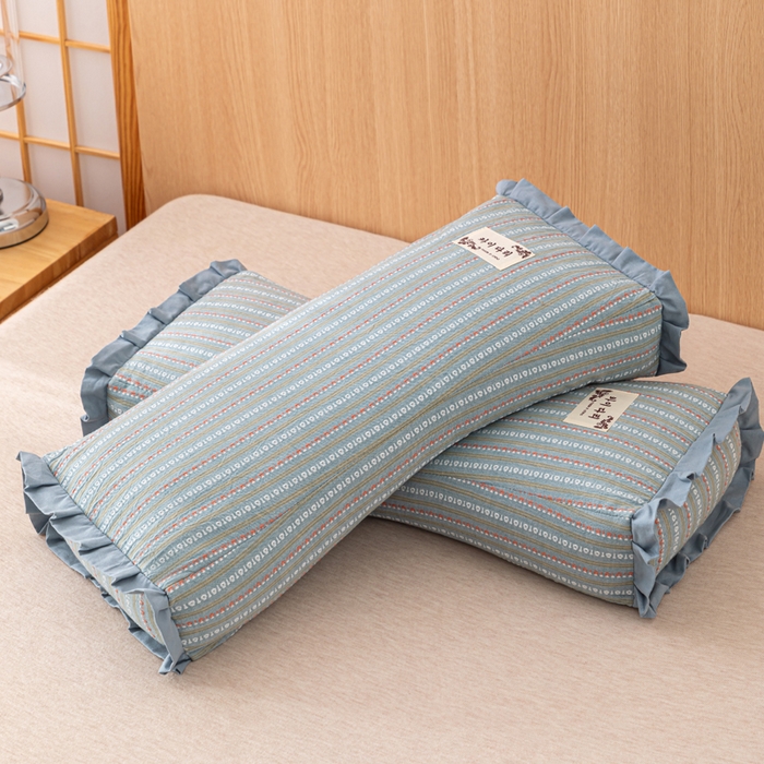 91家纺网 家纺一手货源 找家纺 织布人 2025新款荞麦枕全棉条纹花边护颈全荞麦壳枕头成人家用助眠硬枕芯 全棉条纹花边护颈枕-蓝灰 50x20cm/只