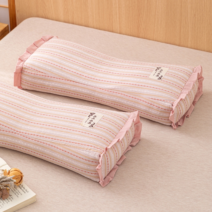 91家纺网 家纺一手货源 找家纺 织布人 2025新款荞麦枕全棉条纹花边护颈全荞麦壳枕头成人家用助眠硬枕芯 全棉条纹花边护颈枕-粉色 50x20cm/只