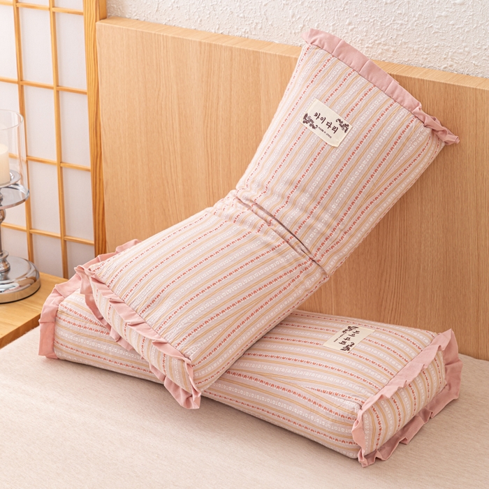 91家纺网 家纺一手货源 找家纺 织布人 2025新款荞麦枕全棉条纹花边护颈全荞麦壳枕头成人家用助眠硬枕芯 全棉条纹花边护颈枕-粉色 50x20cm/只