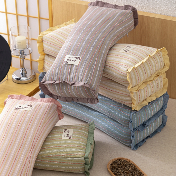 91家纺网 家纺一手货源 找家纺 （总）织布人 2025新款荞麦枕全棉条纹花边护颈全荞麦壳枕头成人家用助眠硬枕芯