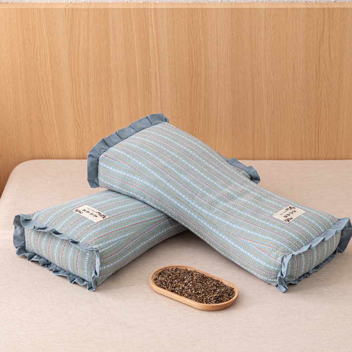 91家纺网 家纺一手货源 找家纺 织布人 2025新款荞麦枕全棉条纹花边护颈全荞麦壳枕头成人家用助眠硬枕芯 全棉条纹花边护颈枕-蓝灰 50x20cm/只