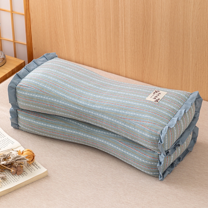 91家纺网 家纺一手货源 找家纺 织布人 2025新款荞麦枕全棉条纹花边护颈全荞麦壳枕头成人家用助眠硬枕芯 全棉条纹花边护颈枕-蓝灰 50x20cm/只