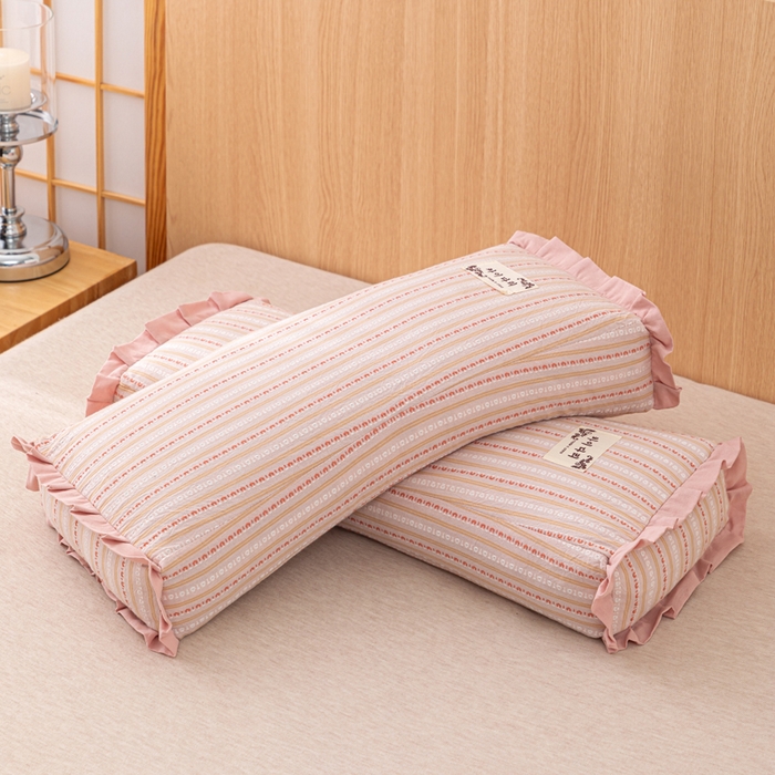 91家纺网 家纺一手货源 找家纺 织布人 2025新款荞麦枕全棉条纹花边护颈全荞麦壳枕头成人家用助眠硬枕芯 全棉条纹花边护颈枕-粉色 50x20cm/只