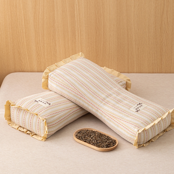 91家纺网 家纺一手货源 找家纺 织布人 2025新款荞麦枕全棉条纹花边护颈全荞麦壳枕头成人家用助眠硬枕芯 全棉条纹花边护颈枕-浅黄 50x20cm/只