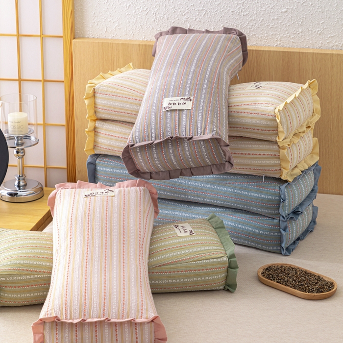 （总）织布人 2025新款荞麦枕全棉条纹花边护颈全荞麦壳枕头成人家用助眠硬枕芯