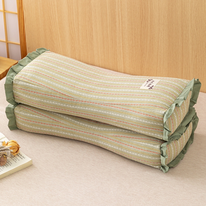 91家纺网 家纺一手货源 找家纺 织布人 2025新款荞麦枕全棉条纹花边护颈全荞麦壳枕头成人家用助眠硬枕芯 全棉条纹花边护颈枕-绿色 50x20cm/只