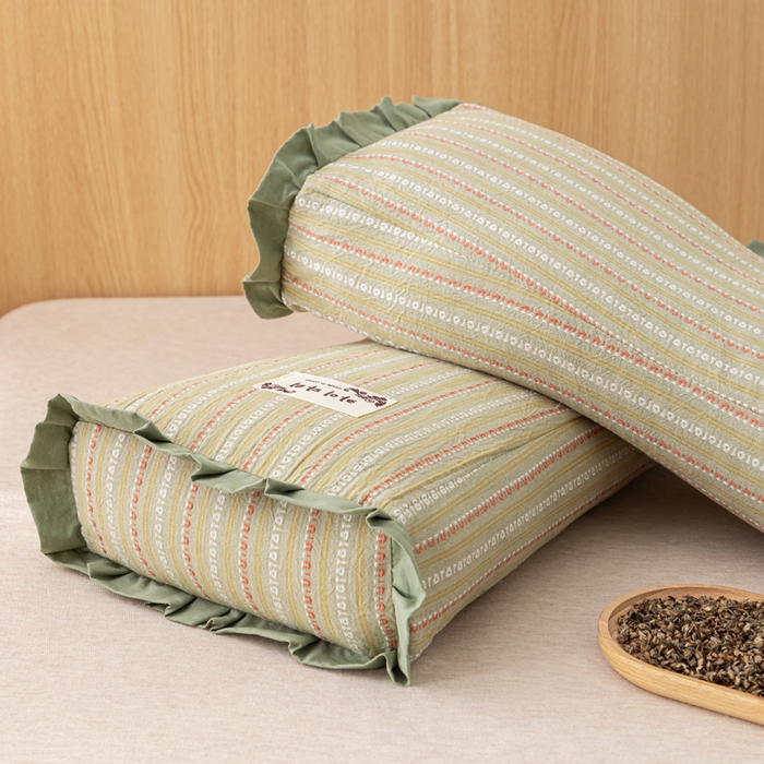 91家纺网 家纺一手货源 找家纺 织布人 2025新款荞麦枕全棉条纹花边护颈全荞麦壳枕头成人家用助眠硬枕芯 全棉条纹花边护颈枕-绿色 50x20cm/只