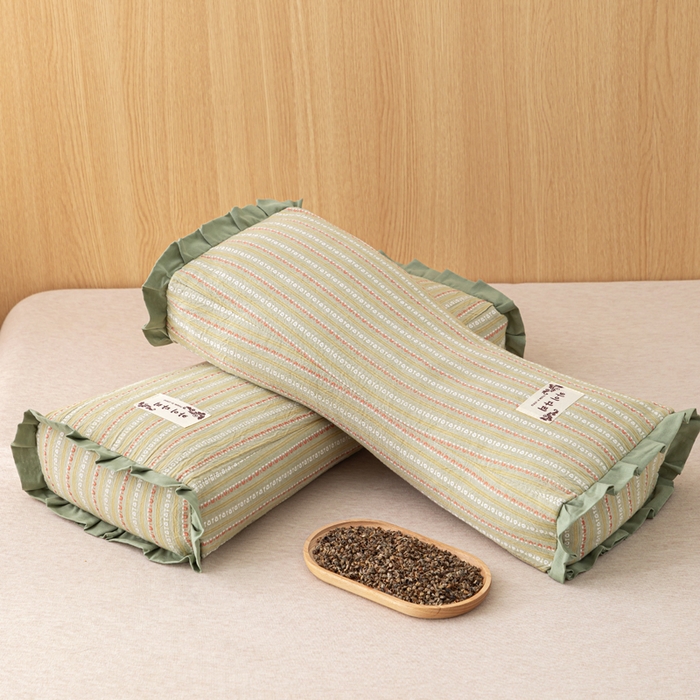 91家纺网 家纺一手货源 找家纺 织布人 2025新款荞麦枕全棉条纹花边护颈全荞麦壳枕头成人家用助眠硬枕芯 全棉条纹花边护颈枕-绿色 50x20cm/只
