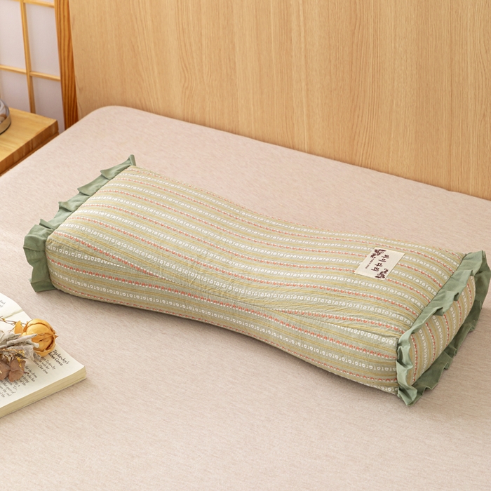 91家纺网 家纺一手货源 找家纺 织布人 2025新款荞麦枕全棉条纹花边护颈全荞麦壳枕头成人家用助眠硬枕芯 全棉条纹花边护颈枕-绿色 50x20cm/只