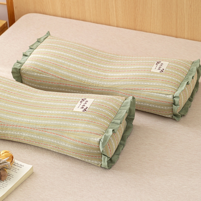 91家纺网 家纺一手货源 找家纺 织布人 2025新款荞麦枕全棉条纹花边护颈全荞麦壳枕头成人家用助眠硬枕芯 全棉条纹花边护颈枕-绿色 50x20cm/只