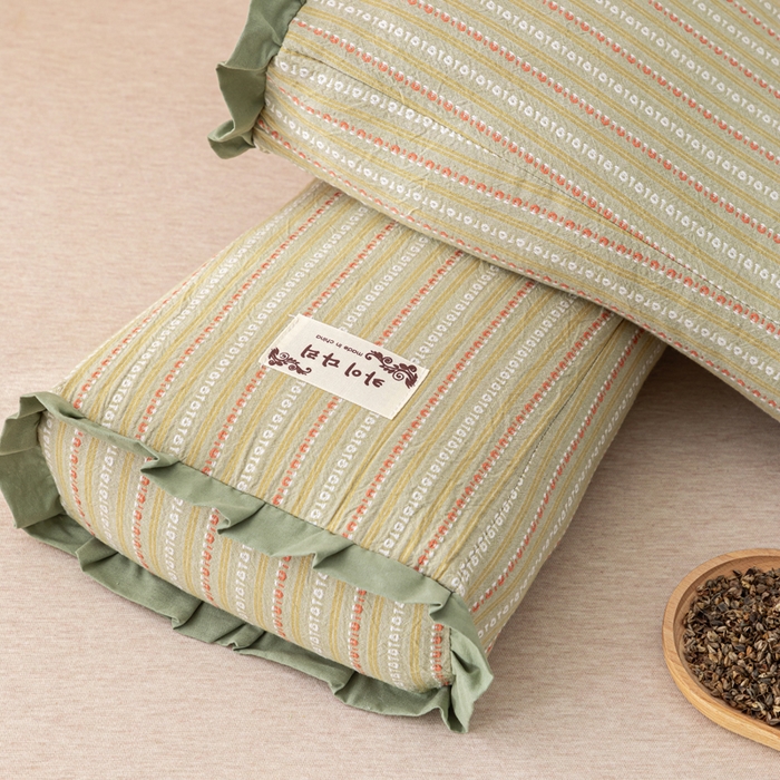 91家纺网 家纺一手货源 找家纺 织布人 2025新款荞麦枕全棉条纹花边护颈全荞麦壳枕头成人家用助眠硬枕芯 全棉条纹花边护颈枕-绿色 50x20cm/只