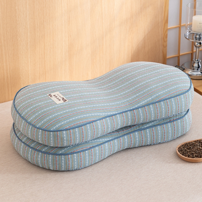 91家纺网 家纺一手货源 找家纺 织布人 2025新款荞麦枕全棉条纹面包立体荞麦护颈椎助眠枕头牵引硬枕芯 全棉条纹面包荞麦枕-蓝灰 52x32cm/只