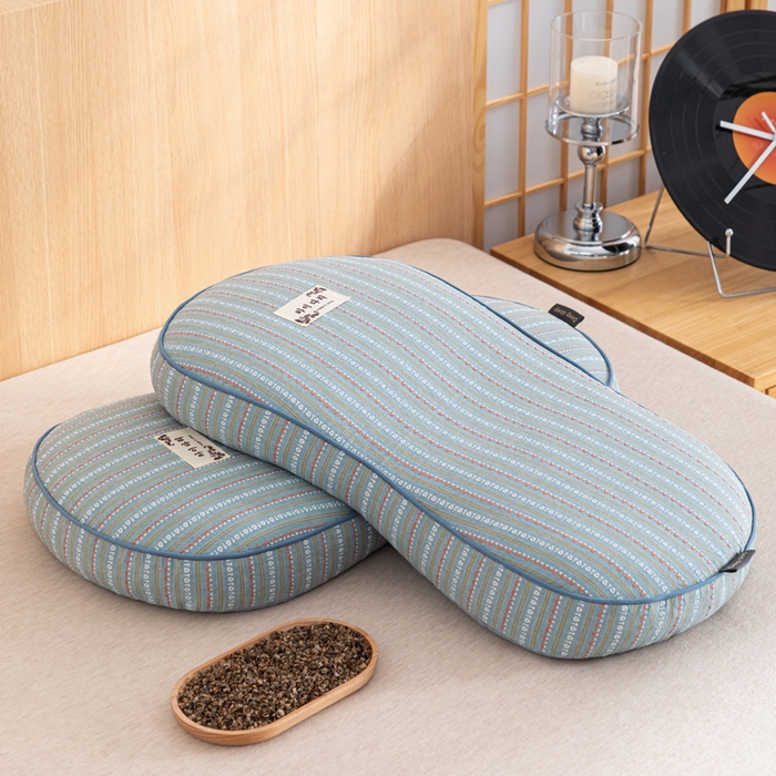 91家纺网 家纺一手货源 找家纺 织布人 2025新款荞麦枕全棉条纹面包立体荞麦护颈椎助眠枕头牵引硬枕芯 全棉条纹面包荞麦枕-蓝灰 52x32cm/只