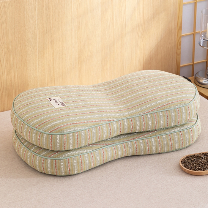 91家纺网 家纺一手货源 找家纺 织布人 2025新款荞麦枕全棉条纹面包立体荞麦护颈椎助眠枕头牵引硬枕芯 全棉条纹面包荞麦枕-绿色 52x32cm/只