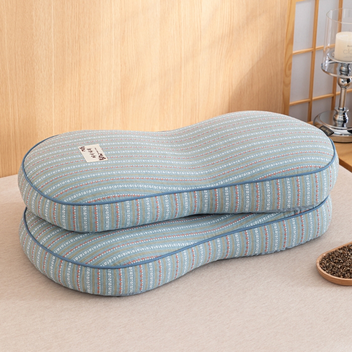 91家纺网 家纺一手货源 找家纺 织布人 2025新款荞麦枕全棉条纹面包立体荞麦护颈椎助眠枕头牵引硬枕芯 全棉条纹面包荞麦枕-蓝灰 52x32cm/只