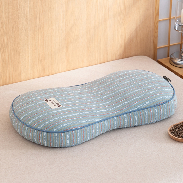 91家纺网 家纺一手货源 找家纺 织布人 2025新款荞麦枕全棉条纹面包立体荞麦护颈椎助眠枕头牵引硬枕芯 全棉条纹面包荞麦枕-蓝灰 52x32cm/只