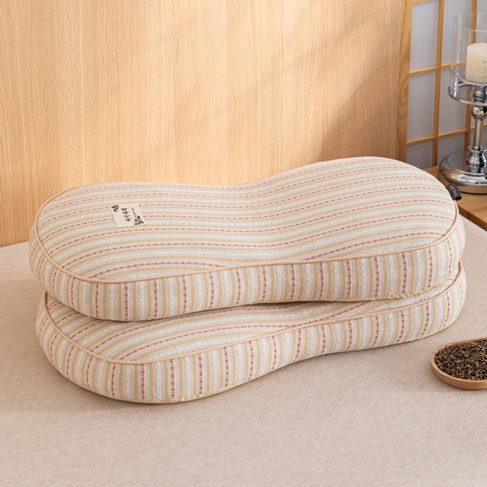 91家纺网 家纺一手货源 找家纺 织布人 2025新款荞麦枕全棉条纹面包立体荞麦护颈椎助眠枕头牵引硬枕芯 全棉条纹面包荞麦枕-浅黄 52x32cm/只