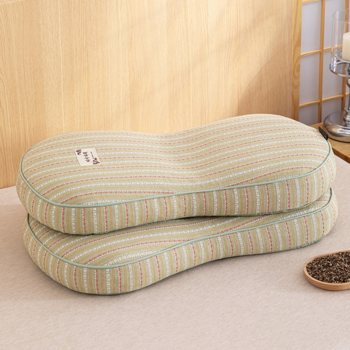 91家纺网 家纺一手货源 找家纺 织布人 2025新款荞麦枕全棉条纹面包立体荞麦护颈椎助眠枕头牵引硬枕芯 全棉条纹面包荞麦枕-绿色 52x32cm/只