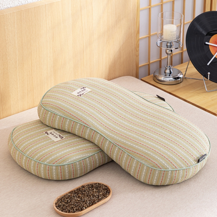 91家纺网 家纺一手货源 找家纺 织布人 2025新款荞麦枕全棉条纹面包立体荞麦护颈椎助眠枕头牵引硬枕芯 全棉条纹面包荞麦枕-绿色 52x32cm/只