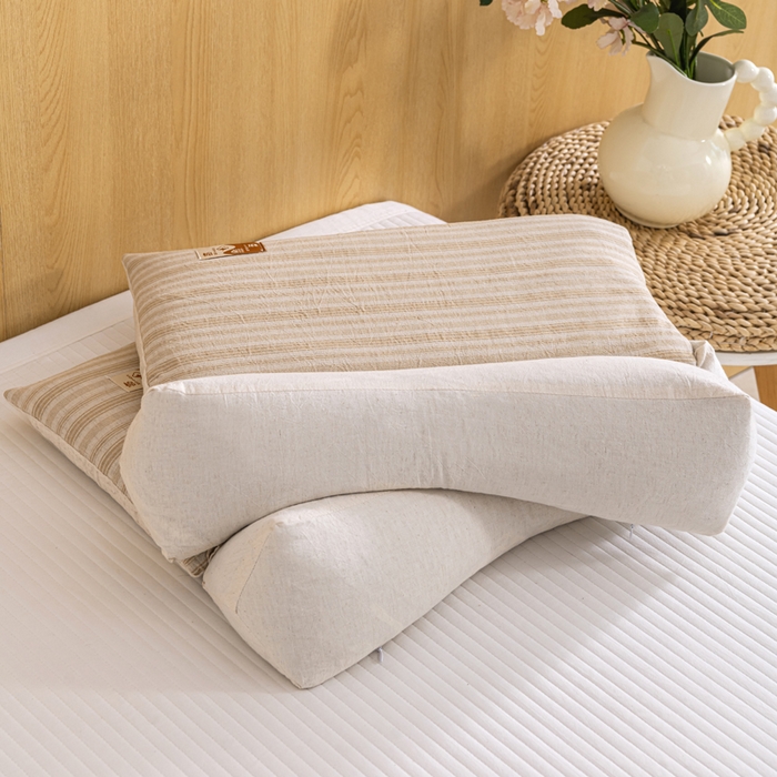 91家纺网 家纺一手货源 找家纺 织布人 2025新款荞麦枕棉麻韩式无印风元宝枕头全荞麦颈椎高枕硬枕芯 日式三角组合枕-细咖条纹 组合枕-方枕：48x28cm/只 三角枕：48x16cm/只