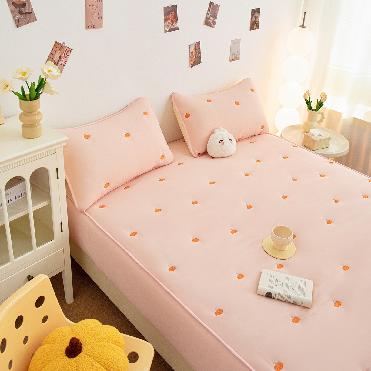 91家纺网 家纺一手货源 找家纺 （总）乐居家纺 2025新款A类亲肤夹棉刺绣床笠-南瓜