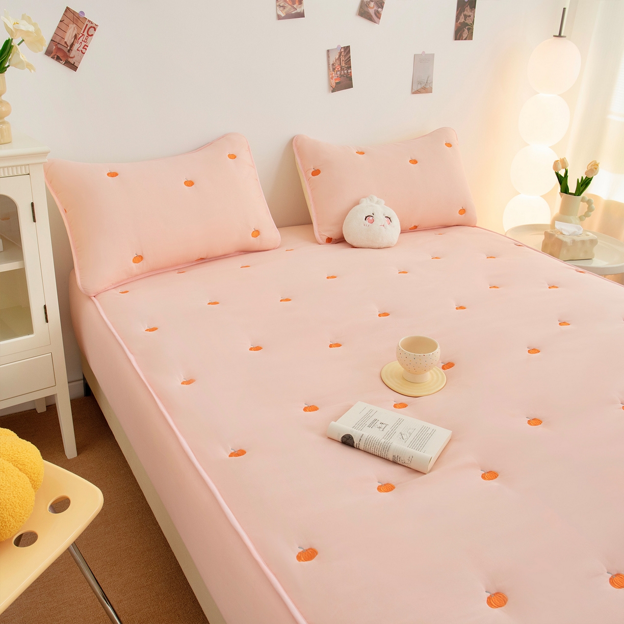 91家纺网 家纺一手货源 找家纺 （总）乐居家纺 2025新款A类亲肤夹棉刺绣床笠-南瓜