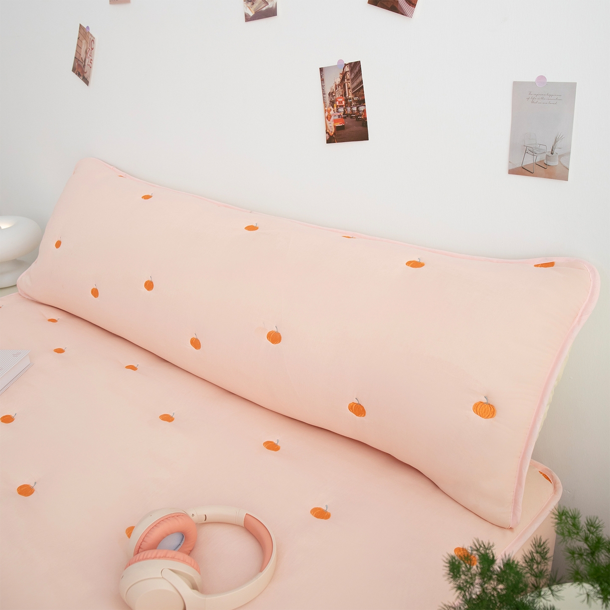 乐居家纺 2025新款A类夹棉绣花双人枕套-南瓜 豆沙