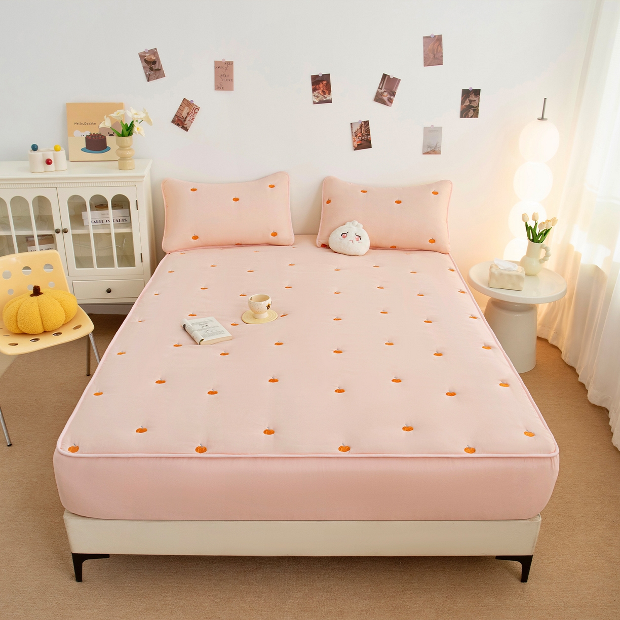 91家纺网 家纺一手货源 找家纺 （总）乐居家纺 2025新款A类亲肤夹棉刺绣床笠-南瓜