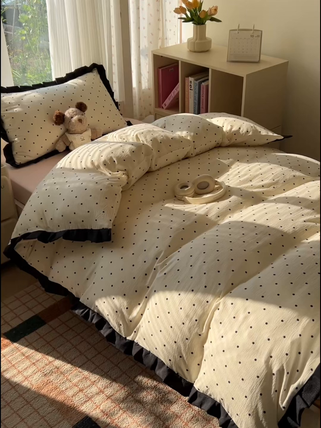 91家纺网 家纺一手货源 找家纺 （总）韩巢家纺 2025新款小波点学生宿舍寝室上下铺三件套开学季花边被套四件套