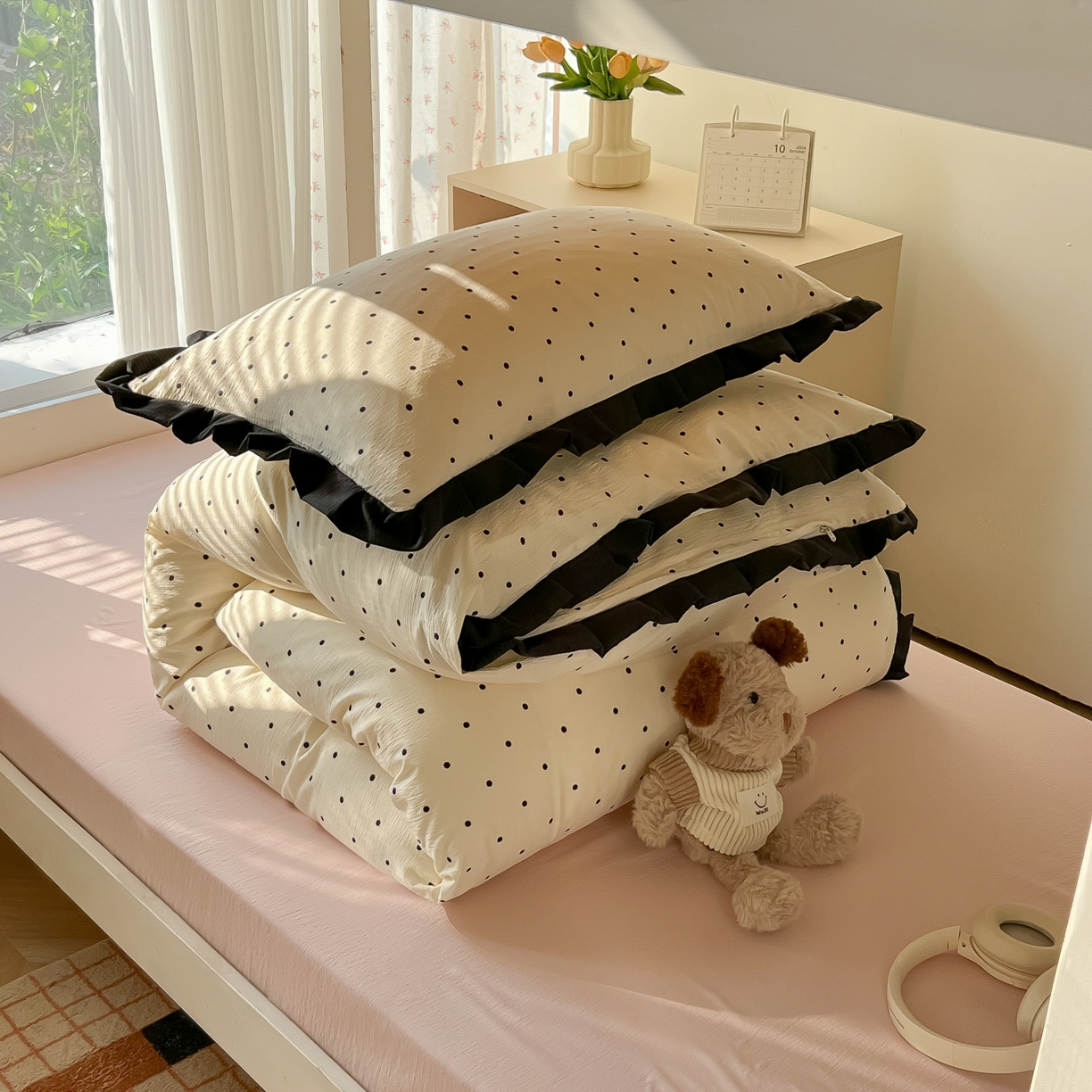 91家纺网 家纺一手货源 找家纺 （总）韩巢家纺 2025新款小波点学生宿舍寝室上下铺三件套开学季花边被套四件套